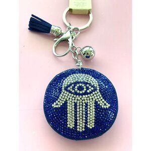 Hamsa Hand Keychain With Silver Rhinestones & Blue Tassel Charm